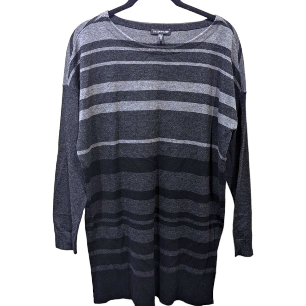 Eileen Fisher Gray Striped Merino Wool Tunic Length Sweater (XS)